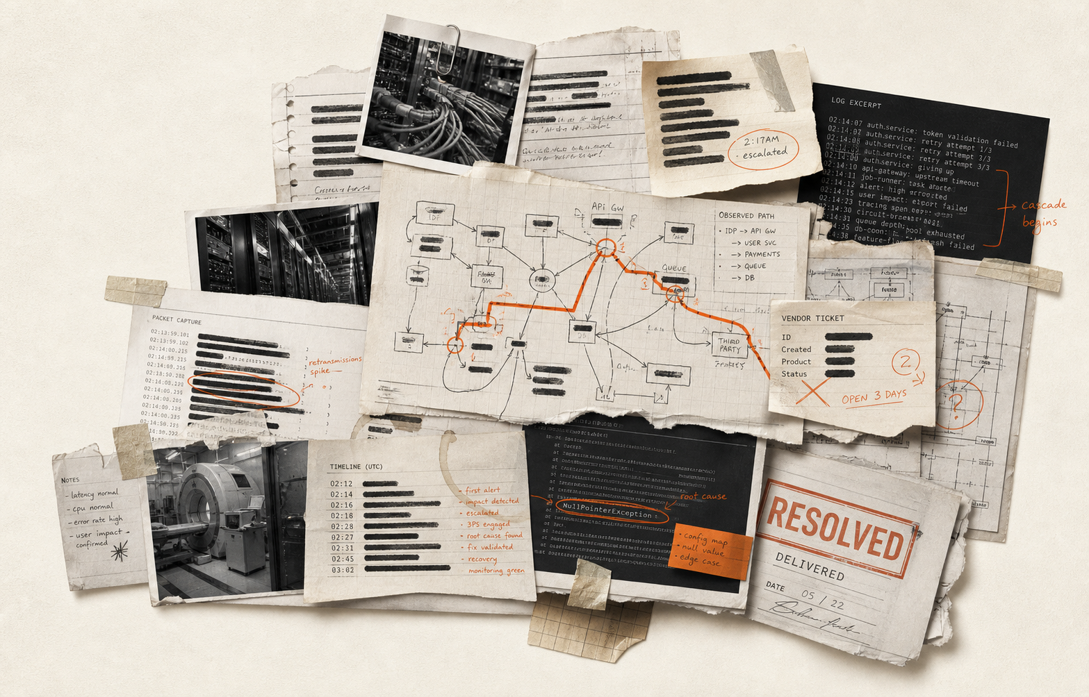 Incident case files, network notes, and recovery evidence mapped into a response plan.